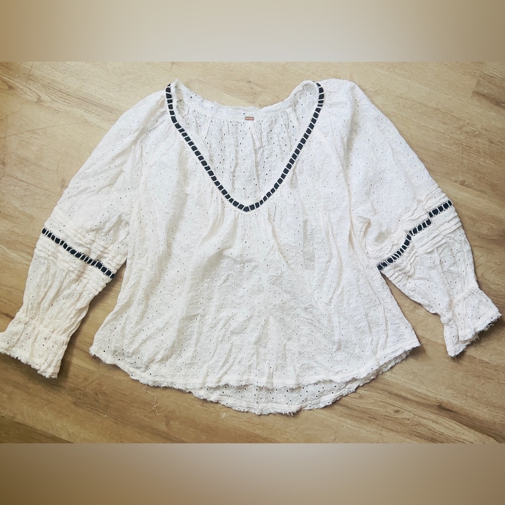 Free People White Eyelet Blouse Black Accent Sz L